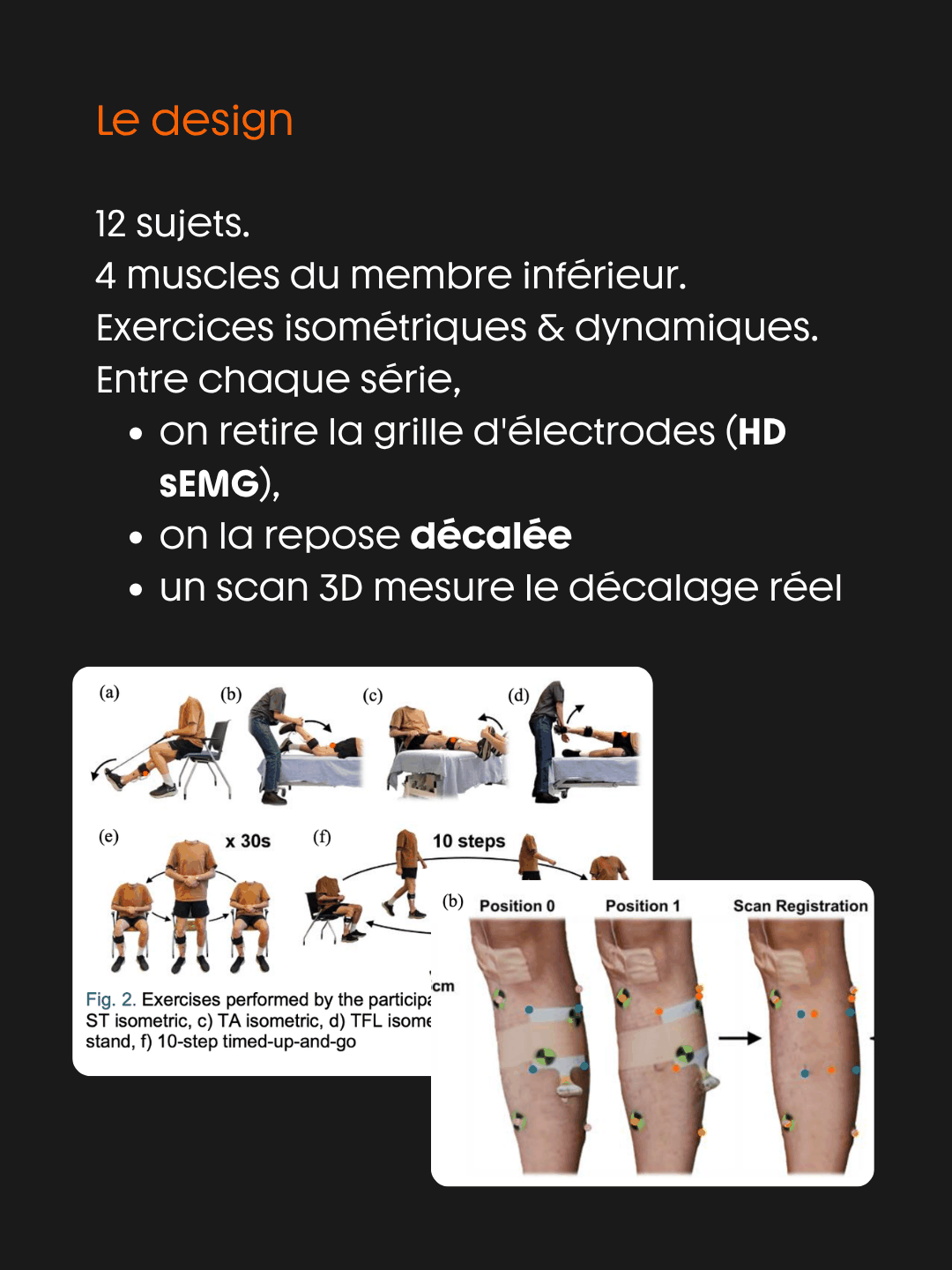 Le design de l'étude : 12 sujets, 4 muscles du membre inférieur, exercices isométriques et dynamiques, grille HD-sEMG retirée et reposée décalée entre chaque série, décalage réel mesuré au scan 3D