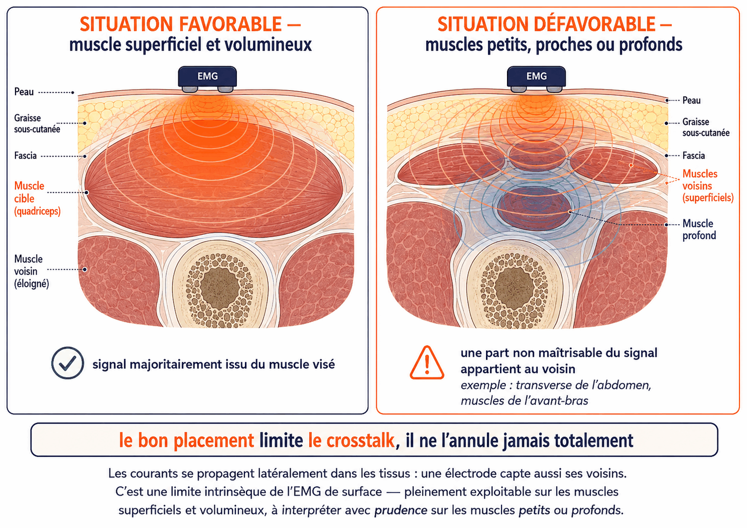 Crosstalk en coupe transversale de membre : situation favorable (muscle superficiel et volumineux, signal majoritairement issu du muscle visé) contre situation défavorable (muscles petits, proches ou profonds, dont une part non maîtrisable du signal appartient au voisin)