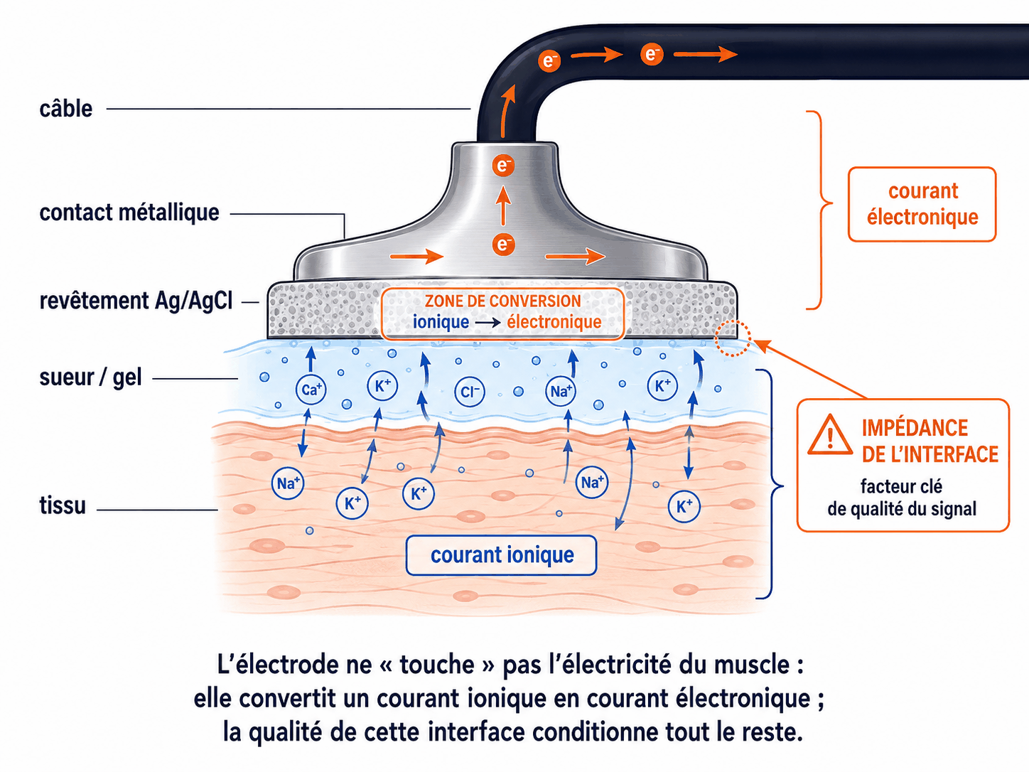 Interface peau-électrode : conversion du courant ionique des tissus en courant électronique via un gel et un revêtement Ag/AgCl, son impédance conditionne le signal